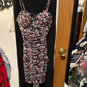 Lily Rose Black Floral Ruched Bodycon Dress with Pink & White Flowers